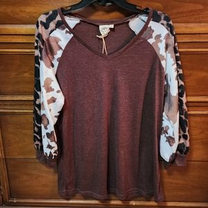 Grace & Emma Burgandy Tee w/Animal Print Sleeves
